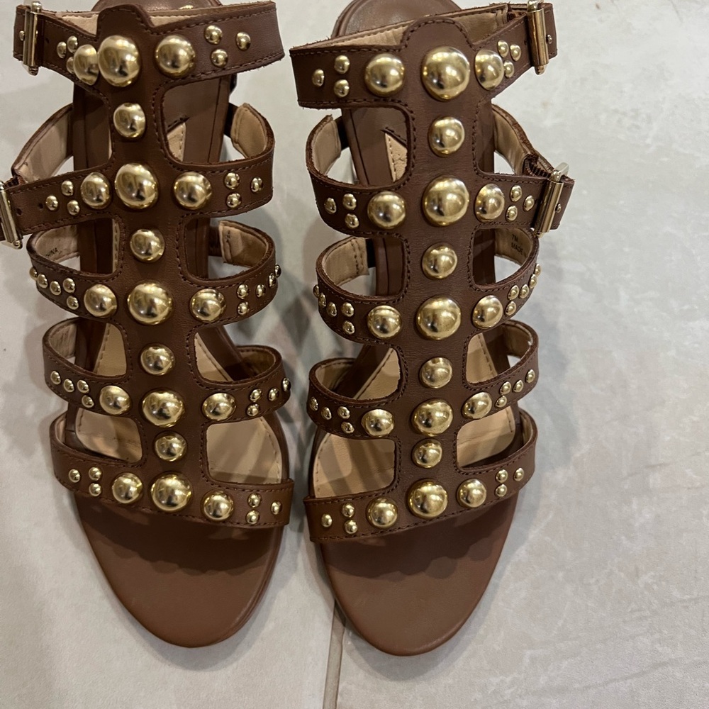 Brian Atwood Gold Studded Brown Sandals